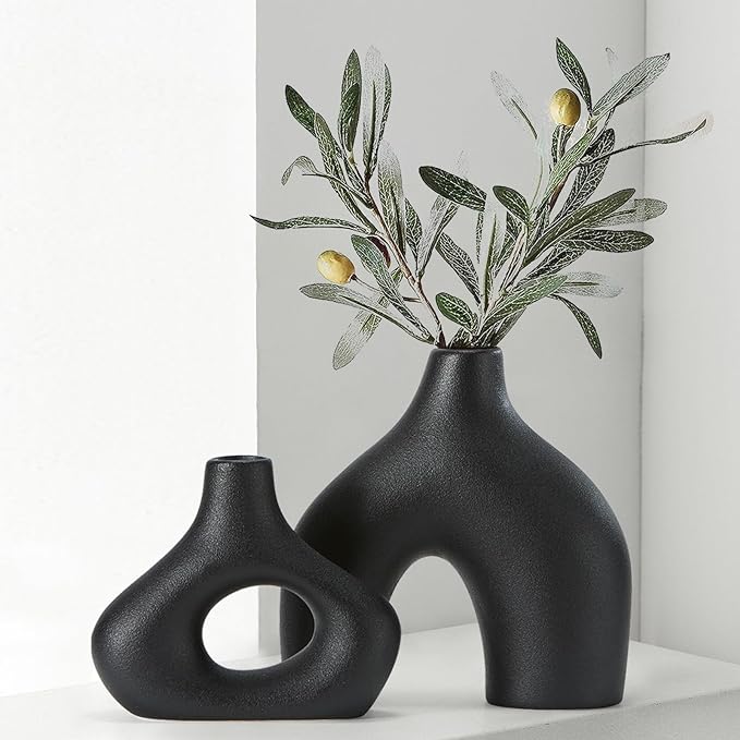 CEMABT Black Ceramic Round Matte Donut Vase Set of 2 for Modern Minimalist Bohemian Decor Pampas Grass Decoration-Perfect Vases for Living Rooms, Weddings, Dining Tables, Parties, Offices and Bedroom