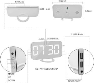 SZELAM Digital Clock Large Display, LED Electric Alarm Clocks Mirror Surface for Makeup with Diming Mode, 3 Levels Brightness, Dual USB Ports Modern Decoration for Home Bedroom Decor-White